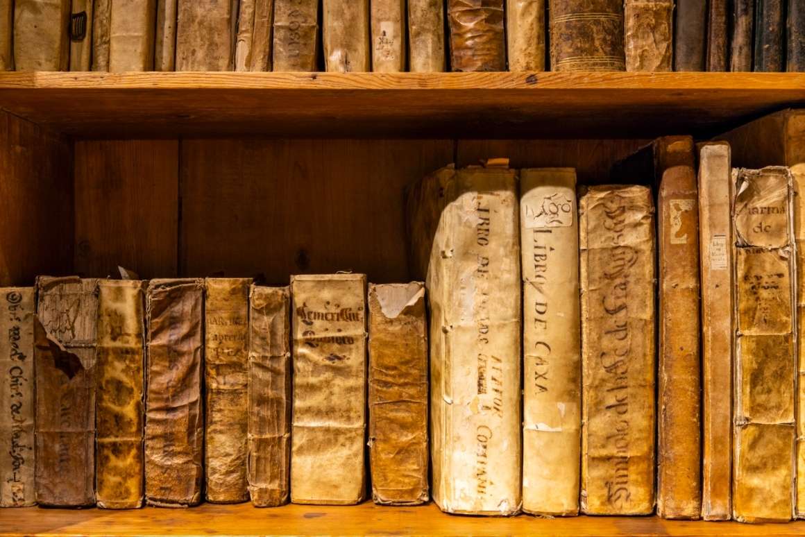 Llibres originals de la biblioteca de la Farmàcia Esteva, segles XVI-XX, amb llom de pergamí visible