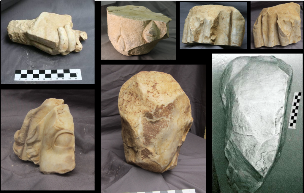 Fragments de les escultures trobades al Fòrum Romà de Llívia, exposats per a l'estudi arqueològic.